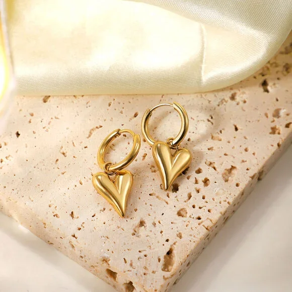 Luxury Heart Pendant Hoop Earrings 18K Gold Plated Stainless Steel - Picture 7 of 11